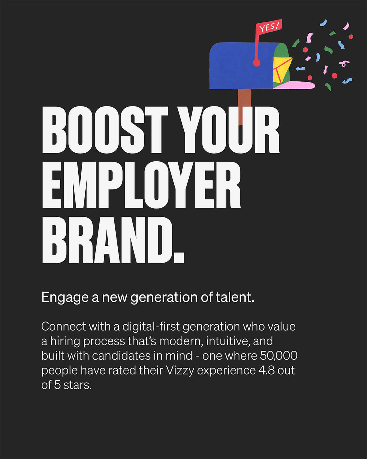 A marketing graphic about boosting your employer brand and engaging new talent, showing a blue mailbox illustration with exploding confetti.