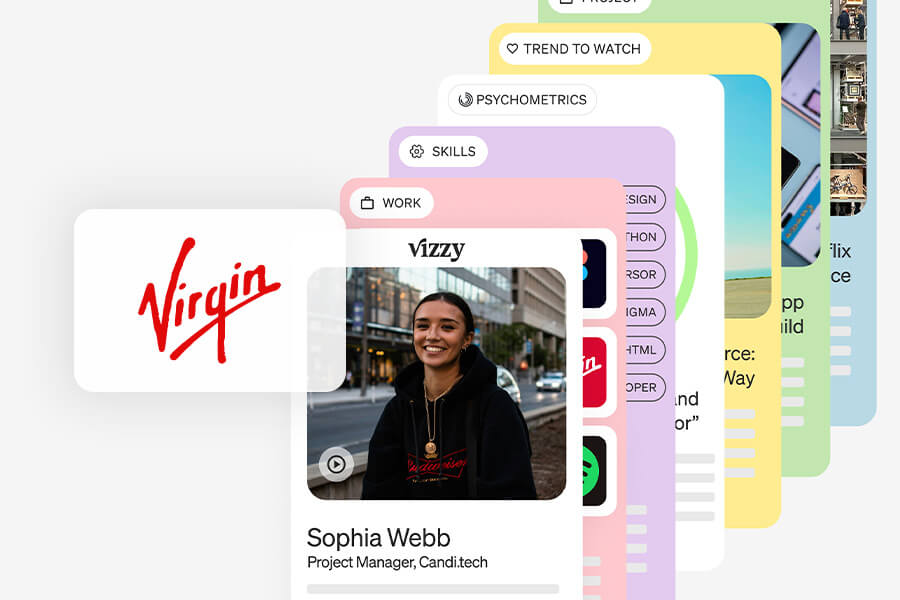 Virgin Group logo beside stacked Vizzy digital profile cards, including a candidate photo, skills, work history, and psychometrics sections, illustrating Virgin's partnership with Vizzy for digital CV profiles.