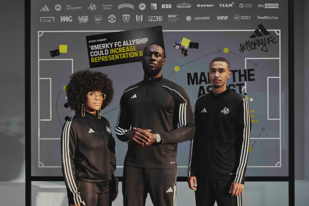 #MerkyFC and Adidas allyship campaign photo featuring partner brand logos including Sky Sports, Arsenal, and Manchester United.